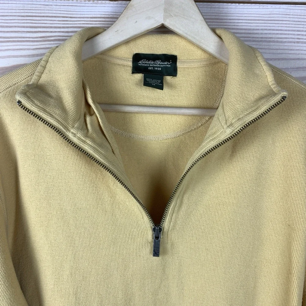 VTG Eddie Bauer 1/4 Zip Pullover Men Medium Yellow Ribbed Sweater Preppy Outdoor